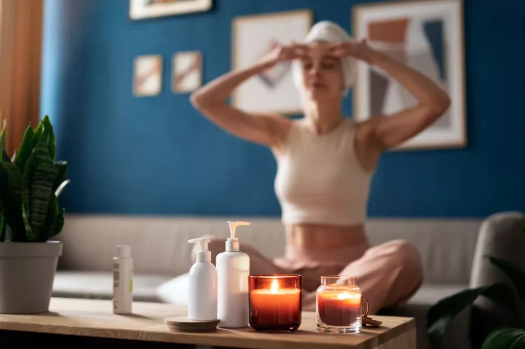 Woman practicing facial yoga