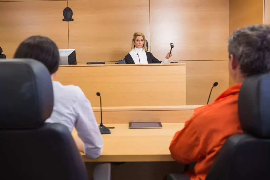 Lawyer and client listening to judge